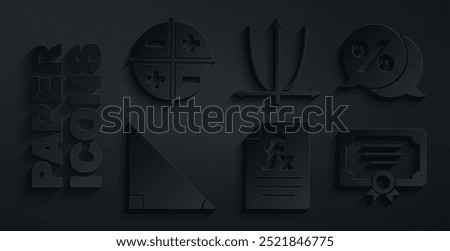 Set Function mathematical symbol, Discount percent tag, Triangle, Certificate template, Graph, schedule, chart, diagram and XYZ Coordinate system icon. Vector