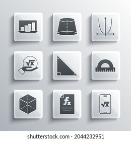 Set Function mathematical symbol, Square root of x glyph, Protractor, Triangle, Geometric figure Cube, Laptop with graph chart and Graph, schedule, chart, diagram icon. Vector