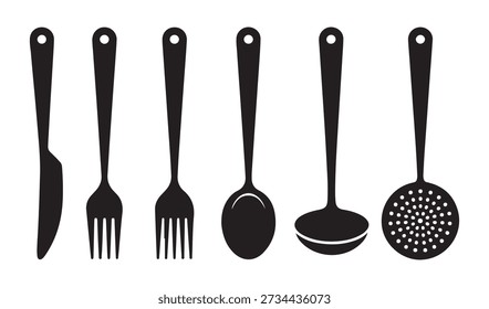 Set of fundamental kitchen tool silhouettes: knife, fork, spoon, ladle, and a slotted spoon