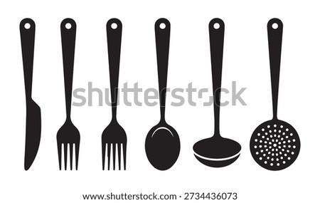 Set of fundamental kitchen tool silhouettes: knife, fork, spoon, ladle, and a slotted spoon