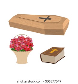 Set funeral. Coffin and Bible. Basket of flowers for burial of dead. Vector illustration exequies accessories
