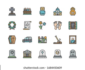 Set of Funeral Color Line Icons. Church, Crypt, Tomb House, Coffin and more.