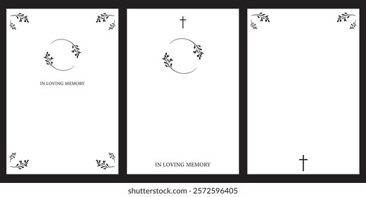 Set of funeral empty card. Funeral card with white background. Church cross and leaves