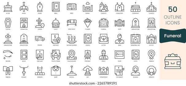 Set of funeral icons. Thin linear style icons Pack. Vector Illustration