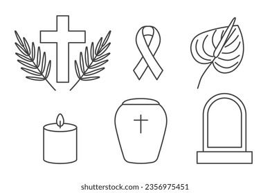 Bestattungslinie-Symbole: Kreuz, Trauer, Band, Kerze, Milzblume und Grab- Vektorgrafik