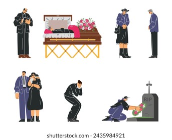 Set of funeral service characters for burial and memorial services, flat vector illustrations isolated on white background. Organization of funerals and memorial events.