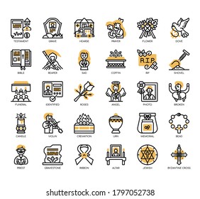 Set of funeral thin line and pixel perfect icons for any web and app project. 