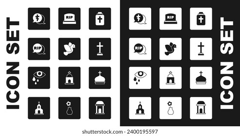 Set Funeral urn, Dove, Speech bubble rip death, Grave with cross, Tombstone RIP written, Church tower and Tear cry eye icon. Vector