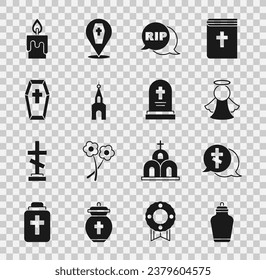 Set Funeral urn, Grave with cross, Angel, Speech bubble rip death, Church building, Coffin, Burning candle and tombstone icon. Vector