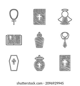 Set Funeral urn, Holy bible book, Tie, Coffin with cross, Angel and Christian on chain icon. Vector