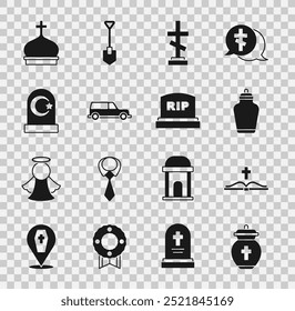 Set Funeral urn, Holy bible book, Grave with cross, Hearse car, Muslim cemetery, Church tower and Tombstone RIP written icon. Vector