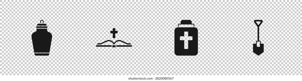 Set Funeral urn, Holy bible book,  and Shovel icon. Vector