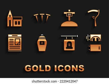 Set Funeral urn, Scythe, Crematorium, Signboard tombstone, Obituaries, Grave with cross, Church building and Metallic nails icon. Vector