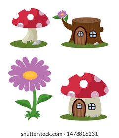 set of fungus plant with trunk tree house and flower