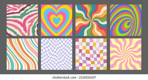 Set of Funky Abstract Backgrounds Vector Design. Cool Groovy Colorful Patterns. Y2K Aesthetic.