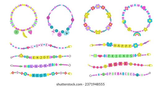 Set funky acid plastic beads bracelets with letters and other colorful elements in y2k style. Happy, friends, love, lucky. Flat cartoon vector illustration. DIY hand made concept. Kidcore jewelry