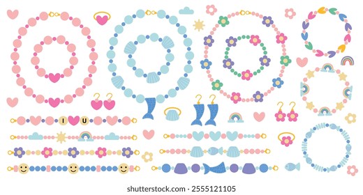 Set of funky bracelets vector illustration. Floral and mermaid necklace, bracelets and earrings with plastic beads flat vector set