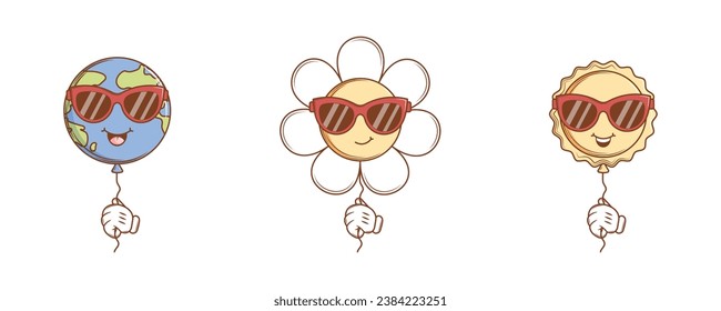 Set of Funky Characters Sun, Planet Earth, Flower wearing sunglasses in hands in groovy style. Isolated retro stickers on a transparent background. Vintage vector illustration.