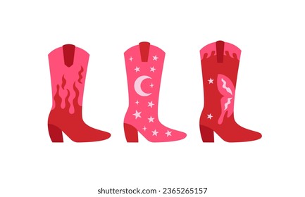 Juego de funky botas de vaquera con llama, luna, estrellas y mariposa. Ilustración plana vectorial de botas de vaquero sobre fondo aislado. Concepto de fiesta disco