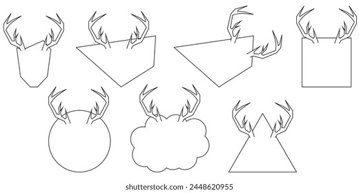 Set of funky Doodle artistic frames. Empty Geometric speech bubbles isolated white background. Blank paper text field with deer antlers. Flat Christmas Speech bubbles design. XMAS Vector illustration