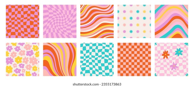 Set of funky groovy backgrounds vector design. Cool abstract colorful patterns. Y2K aesthetic, flat design, 1970 Daisy flowers, trippy grid, wavy swirl poster collection in bright colors. 