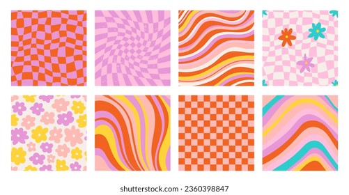 Set of funky groovy backgrounds vector design. Cool abstract colorful patterns. Y2K aesthetic, flat design, 1970 Daisy flowers, trippy grid, wavy swirl poster collection in bright colors. 