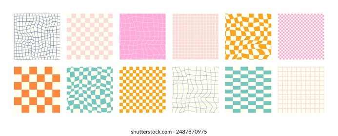 Set of funky groovy backgrounds vector design. Cool abstract colorful patterns. Y2K aesthetic, flat design, 1970 trippy grid, wavy swirl poster collection in bright colors.