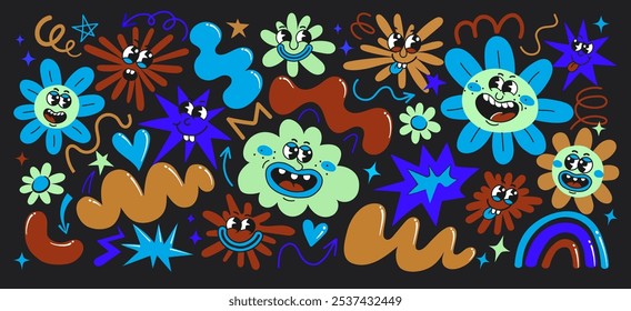 Conjunto de personajes de dibujos animados groovy funky y Formas abstractas: estrella, nube, corazón, flor, mancha de pintura, arco iris. Elementos de diseño lindos del Vector del doodle del niño para el Anuncio, impresión, etiqueta engomada, envoltura, Fondo de pantalla.	