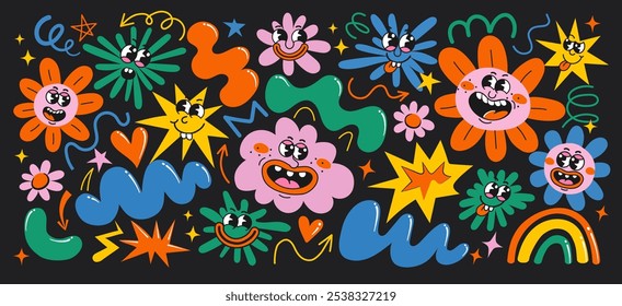 Set of funky groovy cartoon characters and abstract shapes: star, cloud, heart, flower, paint stain, rainbow. Cute kid doodle vector design elements for cover, banner, label, wrapping, wallpaper.