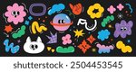 Set of funky groovy element vector. Collection of cartoon characters, cute doodle dawn, sparkle, flower, cloud, saturn, bear. Retro hippie design for decorative, sticker, toys and kids.