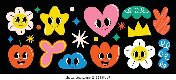 Set of funky groovy element vector. Collection of cartoon characters, doodle smile face, flower, star, apple, heart, cloud, crown. Cute retro groovy hippie design for decorative, sticker, kids.