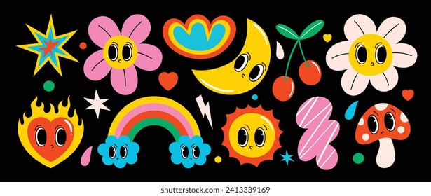 Conjunto de vector de elemento de groovy funky. Colección de personajes de caricatura, cara de sonrisa de garabato, flor, corazón, sol, arcoiris, luna, hongos. Cute retro groovy diseño hippie para decorativos, pegatinas, niños.