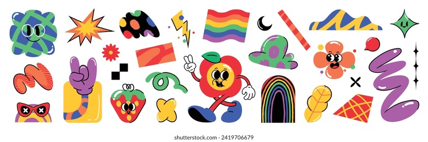 Set of funky groovy element vector. Collection of cartoon characters, doodle smile face, flower, strawberry, thunderbolt. Cute retro groovy hippie design for decorative, sticker, kids, clipart.