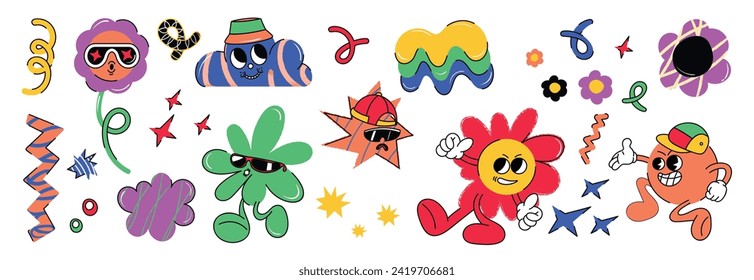 Set of funky groovy element vector. Collection of cartoon characters, doodle smile face, flower, orange, hat, sparkle. Cute retro groovy hippie design for decorative, sticker, kids, clipart.