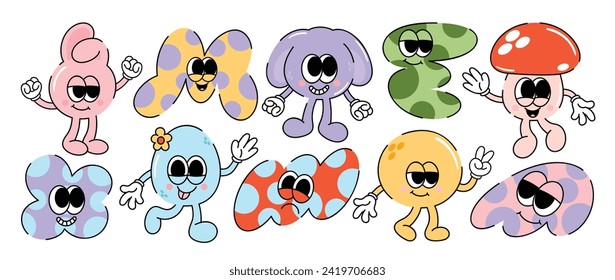 Set of funky groovy element vector. Collection of cartoon characters, doodle smile face, rabbit, mushroom, egg, sparkle. Cute retro groovy hippie design for decorative, sticker, kids, clipart.