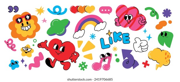 Conjunto de vector de elemento de groovy funky. Colección de personajes de caricatura, cara de sonrisa de garabato, corazón, flor, melodía, arcoíris. Cute retro groovy diseño hippie para decorativos, pegatinas, niños, clipart.