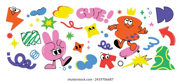 Set of funky groovy element vector. Collection of cartoon characters, doodle smile face, thunderbolt, arrow, hand, sparkle. Cute retro groovy hippie design for decorative, sticker, kids, clipart.