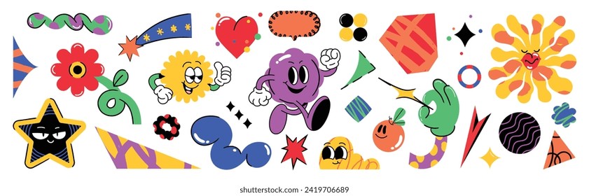 Set of funky groovy element vector. Collection of cartoon characters, doodle smile face, flower, orange, worm, star, heart. Cute retro groovy hippie design for decorative, sticker, kids, clipart.