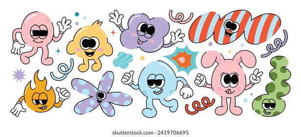 Conjunto de vector de elemento de groovy funky. Colección de personajes de caricatura, carátula de sonrisa, flor, conejo, fuego, huevo, brillo. Cute retro groovy diseño hippie para decorativos, pegatinas, niños, clipart.