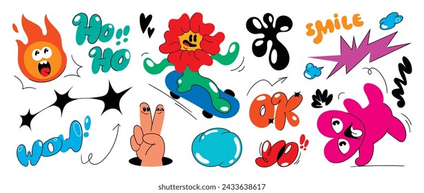 Set of funky groovy element vector. Collection of cartoon characters, doodle smile face, flower, heart, fire, skateboard. Cute retro groovy hippie design for decorative, sticker, kids, clipart.