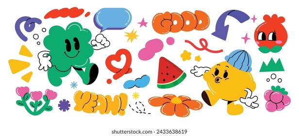 Set of funky groovy element vector. Collection of cartoon characters, doodle smile face, leaf, lemon, flower, speech bubble. Cute retro groovy hippie design for decorative, sticker, kids, clipart.