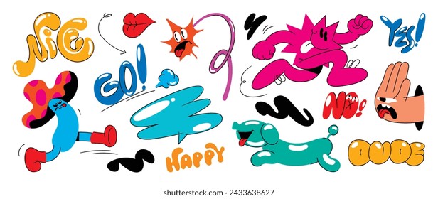 Set of funky groovy element vector. Collection of cartoon characters, doodle smile face, mushroom, sparkle, dog, hand. Cute retro groovy hippie design for decorative, sticker, kids, clipart.