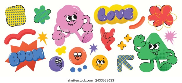 Satz von funky groovy Element Vektor. Sammlung von Comic-Figuren, Doodle Lächeln Gesicht, Blume, Ball, Pfeil, Halbton Textur. Nettes Retro-grooviges Hippie-Design für Dekoration, Aufkleber, Kinder, Clipart.