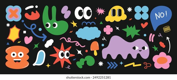 Set of funky groovy element vector. Collection of cartoon characters, cute doodle dawn, sparkle, cloud, ice cream, speech bubble, face. Retro hippie design for decorative, sticker, toys and kids.