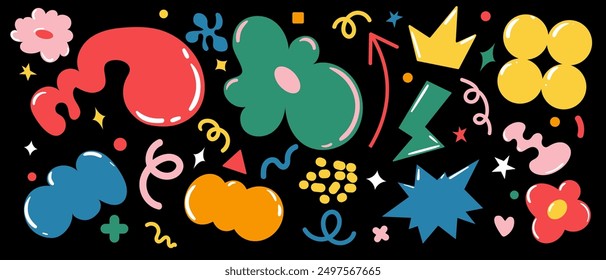 Set of funky groovy element vector. Collection of cartoon characters, cute doodle dawn, sparkle, cloud, crown, flower, thunderbolt. Retro hippie design for, sticker, toys. Vector illustration