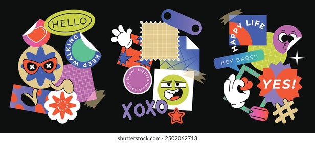 Set of funky groovy element vector. Collection of cartoon characters, cute doodle dawn, sparkle, speech bubble, flower, label. Retro hippie design for decorative, sticker, t-shirt print, kids.