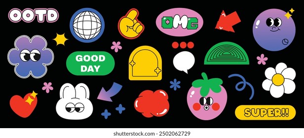 Set of funky groovy element vector. Collection of cartoon characters, cute doodle dawn, sparkle, flower, heart, ball, label. Retro hippie design for decorative, sticker, t-shirt print, kids.