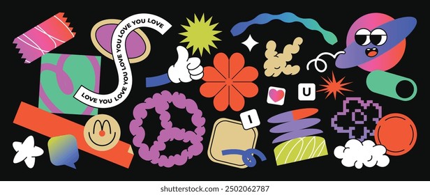 Conjunto de funky groovy elemento Vector. Colección de personajes de dibujos animados, lindo doodle amanecer, chispa, burbuja de discurso, flor, etiqueta. Diseño hippie retro para decorativo, etiqueta engomada, impresión de la camiseta, niños.