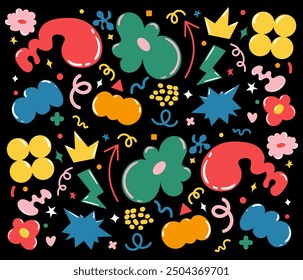 Set of funky groovy element vector. Collection of cartoon characters, cute doodle dawn, sparkle, cloud, crown, flower, thunderbolt. Retro hippie design for, sticker, toys. Vector illustration