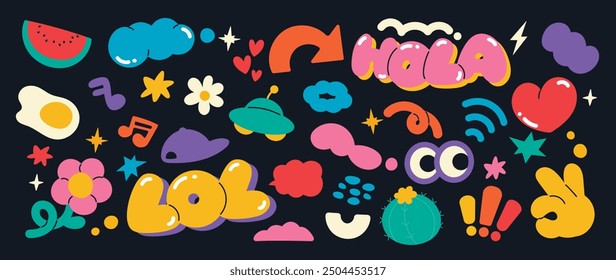 Set of funky groovy element vector. Collection of cartoon characters, cute doodle dawn, spaceship, heart, flower, watermelon. Retro hippie design for decorative, sticker, toys and kids.